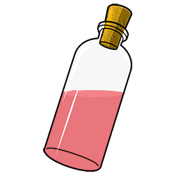 A glass bottle full of red oil.