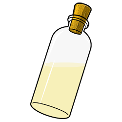 A glass bottle full of yellow oil.