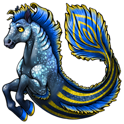 A literal sea horse - the front is that of a horse, but the back is a mer-tail. This one has blue fur dappled with white spots, and a blue-scaled tail with vivid yellow stripes.