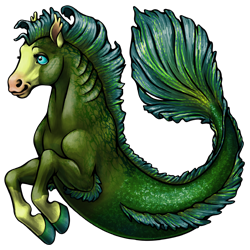 A creature with the front half of a horse and the back half of a fish or mer-person. It has emerald green fur and shimmering green scales.