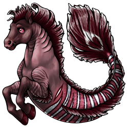 A literal sea horse - the front is that of a horse, but the back is a mer-tail. This one has pink-red fur, and a red and white striped tail. There is a white marking on its tail fin that looks like a heart.