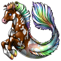 A literal sea horse - the front is that of a horse, but the back is a mer-tail. This one has light brown fur, with white splotches. Its tail and mane have shimmering rainbow scales.