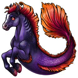 A literal sea horse - the front is that of a horse, but the back is a mer-tail. This one has deep purple-blue fur with fine white hairs scattered throughout, making it look like a night sky. The scales are a brighter purple, and the fins are the orange of the setting sun.