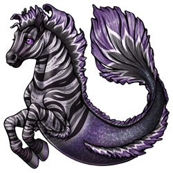 A literal sea horse - the front is that of a zebra, but the back is a mer-tail. This one has white fur with black and grey stripes in mesmerizing patterns. Its tail and mane are a dark black that fades to purple, with white and light grey zig-zags.