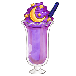 A tall glass filled with purple blueberry ice cream. It is topped with thick purple cream, and gold-painted chocolate moons and stars yellow. Gold sprinkle beads have been shaken over top.