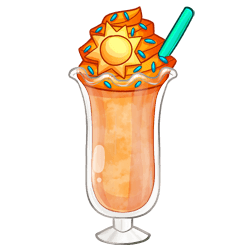 A tall glass filled with blended orange creamsicle ice cream. It is topped with bright yellow, citrus infused whipped cream. Artfully arranged on the whipped cream is a cheerful white-chocolate sun, surrounded by blue sprinkles.
