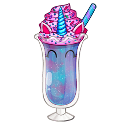 A tall glass filled with blended cotton candy flavored ice cream, which is swirled pink, blue and purple. Cute eyes with long lashes have been drawn on the cup. The ice cream is topped with bright pink strawberry whipped cream, colorful sprinkles, and two candy ears with a swirled horn in the middle to create the impression of a unicorn.