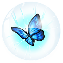 A blue butterfly trapped inside of a crystal ball, with blue and white energy crackling around it