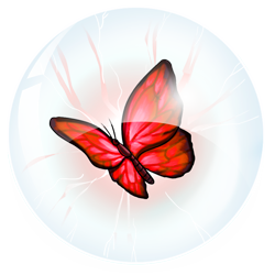 A redbutterfly trapped inside of a crystal ball, with red and white energy crackling around it