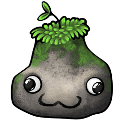 A funny-shaped grey rock, with moss growing on its top like hair. Someone has pasted googly eyes on it, and drawn a silly mouth on it with marker.