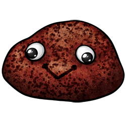 A smooth, flat river rock. It is a reddish brown, with dark brown mottling that makes it look like it has freckles. Someone has pasted two googly eyes on to it, and drawn it a little smile with black marker.