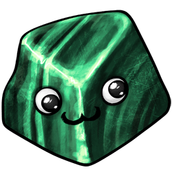 A highly polished malachite rock, with emerald and deep green striations running through it a bit like tiger stripes. Someone has pasted googly eyes on it, and drawn it a little smile with a marker.