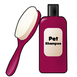 Hypoallergenic shampoo and a soothing brush to pamper a pet.
