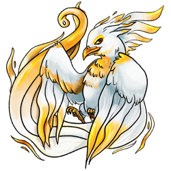 A phoenix with shimmering white feathers. There is a sheen of almost metallic gold shimmering at the tips of its wings, tail, and on its crest.