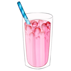 A glass filled with pale pink liquid, with strawberry slices floating in it.