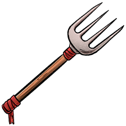 A common farming implement, now being used for battle.<br /><br />Damage type: Piercing<br /> Attack bonus: 3<br />Damage Dice: 1d8<br />Damage Bonus: 2<br />Crit Threshold: 18<br />Crit Multiplier: 2<br />AC Bonus: 4