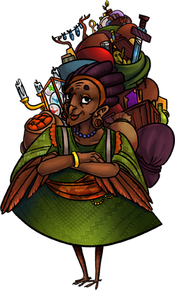 A woman with feathers for hair, wings, and the skinny legs of a bird. On her back towers a bag full of wares so large it seems physically improbable that she can carry it.