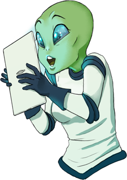 A bald, green-skinned alien with adorably large eyes gazes in wonder and excitement at her tablet device. We can't see the screen, but from the reflection in her eyes, she may be seeing a galaxy full of stars.