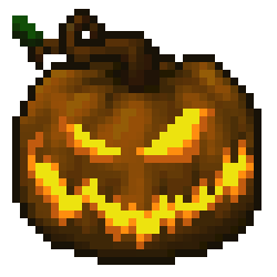 A jack o lantern with a sinister, jagged smile, glowing from within.