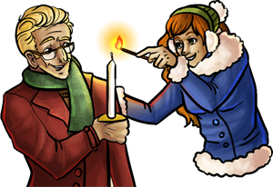 A red-haired girl in a big winter coat lights a candle held by a man in a red coat.