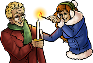 A red-haired girl in a big winter coat lights a candle held by a man in a red coat. A large transparent snowflake is behind them. Both are smiling and seem friendly.