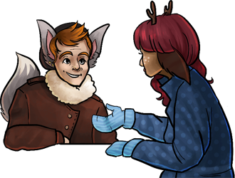 A girl with deer horns, wearing mittens and a winter coat, offers a helping hand to a raccoon-boy in a winter coat.