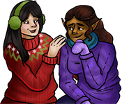 An illustration of an asian woman in a red holiday sweater and green ear muffs puts her hand on the shoulder of an elven woman. The elven woman has dark brown skin, long hair, and a purple puffy jacket with lighter purple mittens. She smiles shyly as her human friend pats her shoulder encouragingly.