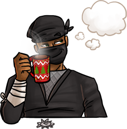 A ninja enjoys a holiday mug of cocoa. He is deep in thought, represented by a thought bubble.