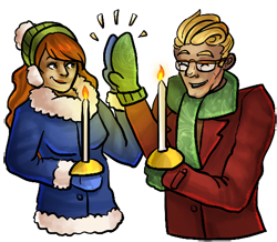 An illustration of a red-haired girl in a big blue winter coat and green hat with white pompom on top gives an enthusiastic high-five to a man in a red coat with a green scarf. They are both wearing green mittens. In their other hands, they hold lit candles.