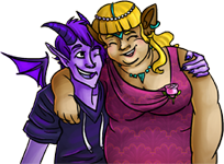 A large, curvy elf in a pink dress, decorated with rubies and a skinny, purple-skinned man with demon horns and bat wings give each other a side-hug. They are laughing together.