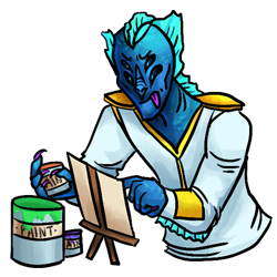 An illustration of a blue alien dressed in a white uniform with gold shoulder pads. He is working on painting a little canvas. His tongue is stick out of the corner of his mouth and his four eyes are squinted with concentration.