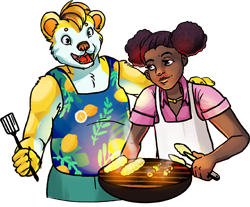 Two characters grill corn cobs and kabobs together