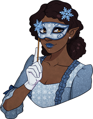An elven woman with black skin. Her hair is arranged in a fancy up-do, and decorated with diamond-encrusted snowflake jewelry. She is wearing a shimmering blue and white ballgown with snowflake details. She holds a mask on a stick in front of her eyes.