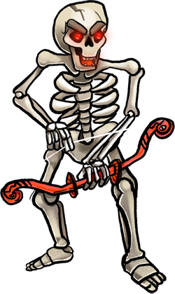 A skeleton with red light glowing from its eye sockets. It holds a bow and arrow.