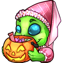 An adorable green-skinned alien child, dressed in a princess costume with a pink frilly dress and pointed cap. They are holding up a plastic pumpkin bucket full of candy.