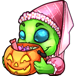 A green-skinned alien with adorable chubby cheeks and big blue eyes. She is wearing a pink princess costume and holding up a plastic pumpkin bucket full of candy.