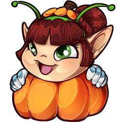 A chubby-cheeked elf with bright red hair. She is wearing an alien costume, and has climbed inside a giant jack-o-lantern.