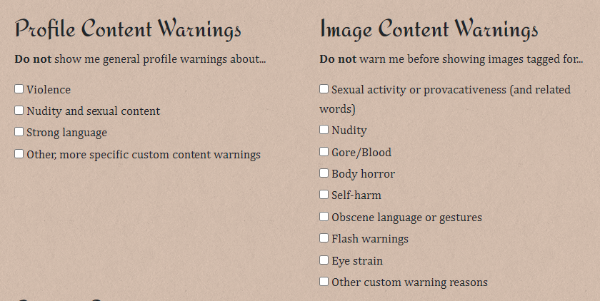 A screenshot of the new image content warnings available in comfort & privacy settings. It is quite long.