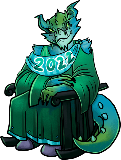 An old dragonborn person, their scales a dark green tinged with blue. They are seated in a rocking chair, wearing elaborate green robes and a sash that reads 2022