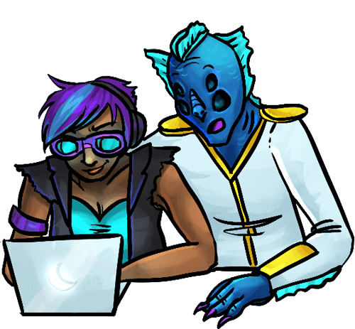 A young black woman with short, purple hair and neon-blue goggles works on a laptop with a confident smile. A blue alien with four eyes and a white uniform with gold shoulder pads looks over her shoulder, mouth open in awe at her coding prowess.