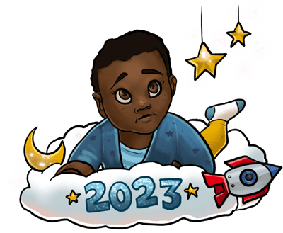 A baby with dark brown skin and short black hair. He is laying on his belly on a cloud that has the number 2023 written on it. He is wearing a blue jumper with stars on it, and looking up at a glittering mobile with stars, moons, and rocket ships