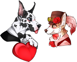 A great dane with black and white spots, wearing a very formal black and white tuxedo complete with bow tie. He is holding a red heart valentine card out toward the corgi that is facing him. The corgi has tan fur and is wearing a formal pink shirt and red vest. He wears a leather top hat with steam punk goggles and a rose tucked into the hat band. In his mouth, he is holding a heart-shaped lollipop, presumably meant as a gift for the great dane.