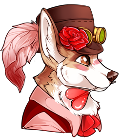A corgi wearing a formal pink shirt and red vest. He wears a leather top hat with steam punk goggles and a rose tucked into the hat band. In his mouth, he is holding a heart-shaped lollipop.