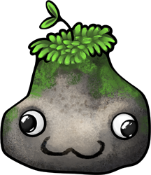 A funny-shaped grey rock, with moss growing on its top like hair. Someone has pasted googly eyes on it, and drawn a funny mouth on it with marker.