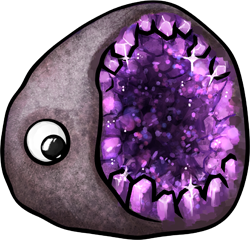 A geode laying on its side, with a googly eye pasted on it so that the open part looks like a mouth, and the crystals inside look like teeth.
