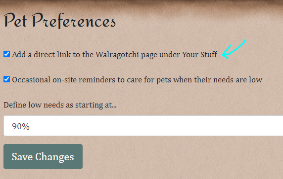 A screenshot of the pet options page with an arrow pointing out the checkbox that adds a direct link to your pets under Your Stuff at the top of the form