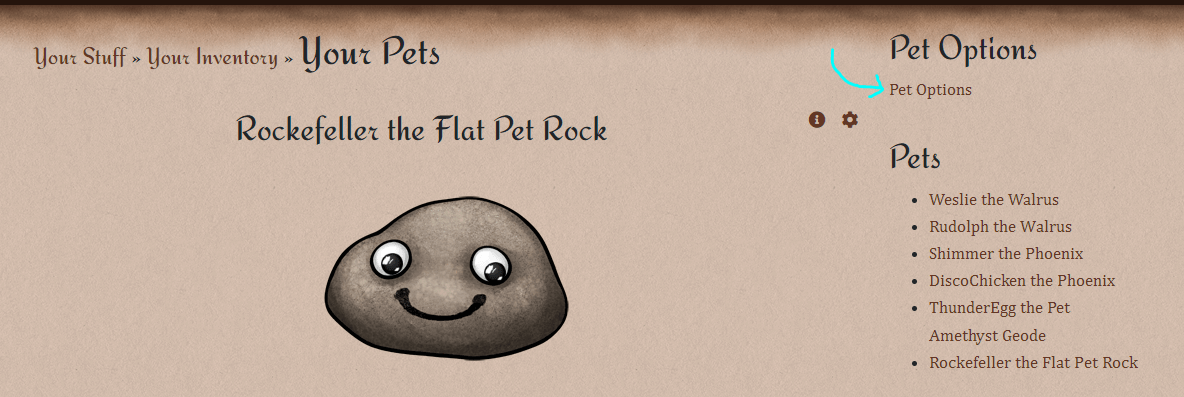 A screenshot of the pet page with an arrow pointing out the Pet Options link at the top of the sidebar