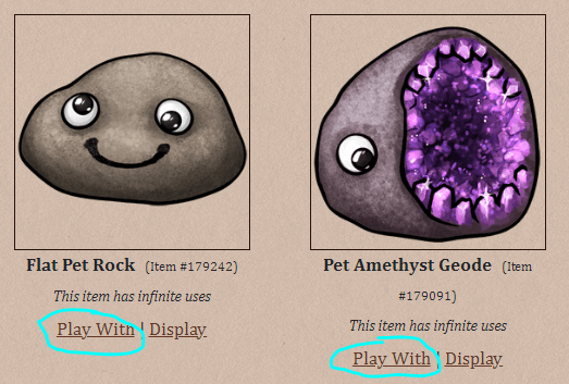 A screenshot of the inventory page demonstrating the Use link has been replaced with a Play With link on pets.