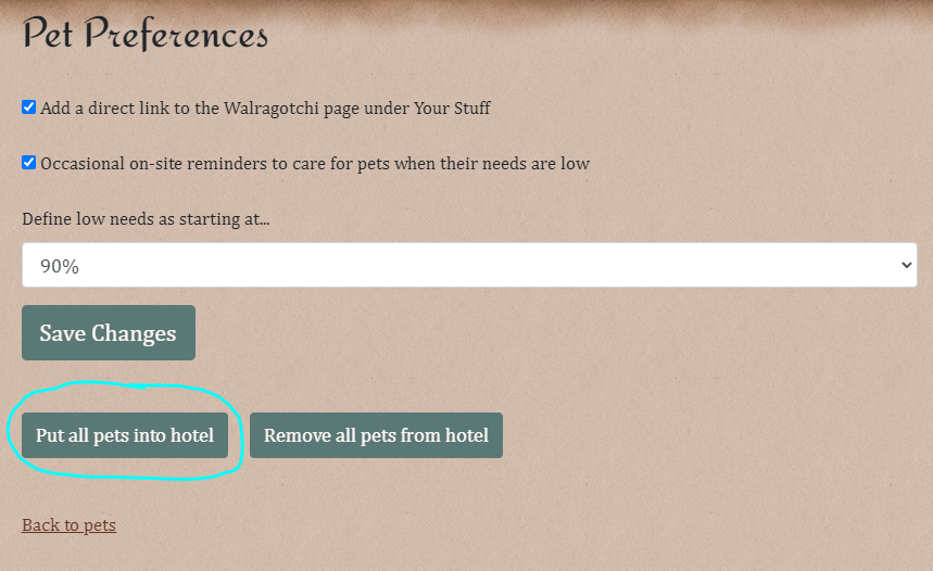 A screenshot of the Pet Settings page, with the Put all pets into hotel button circled