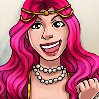A cartoon of Kim's face. She has long pink hair and is wearing a golden crown. She is grinning and making a fist pump gesture.